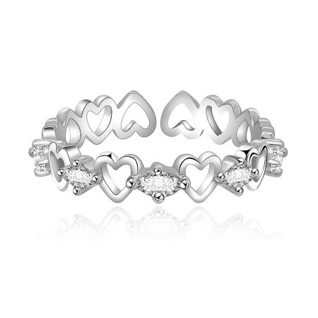 Fashion Heart Eternity Band Ring - Close-up of the Fashion Heart Eternity Band Ring, showcasing its rhodium-plated brass material and sparkling white cubic zirconia stones in a romantic heart design.