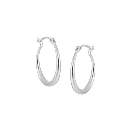 A pair of 925 sterling silver hoop earrings with white gold plating and a secure hinged closure.