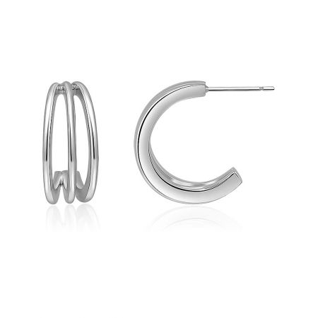 Front view of the 3 Multi Row Hoop Earrings highlighting the polished rhodium finish