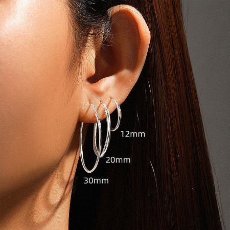 The 925 sterling silver hoop earring set shown in the silver finish, with sizes 12mm, 20mm, and 30mm.