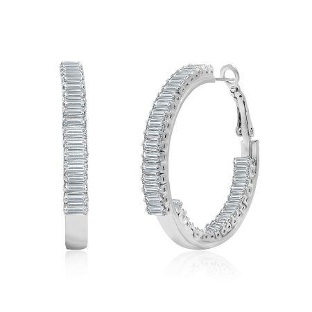 40mm Large Sparkly CZ Hoops - A close-up of the 40mm Large Sparkly CZ Hoop Earrings, showcasing the sleek silver metal and two rows of brilliant baguette-cut cubic zirconia.