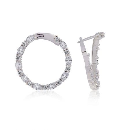 Two angles of the silver Glitzy Round Hoop Earrings, highlighting their brilliant shine and craftsmanship.