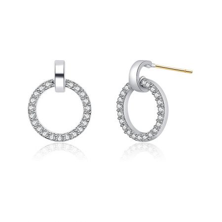 Another angle of the elegant Rhodium Circle Pave Stud Earrings, displaying their minimalist and sparkling design.