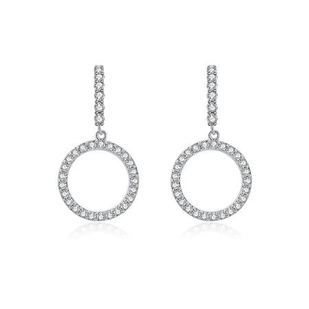 Zirconia Circle Cluster Drop Earrings - A pair of Zirconia Circle Cluster Drop Earrings, featuring a circular pendant design with clear cubic zirconia gemstones, crafted in rhodium-plated brass.