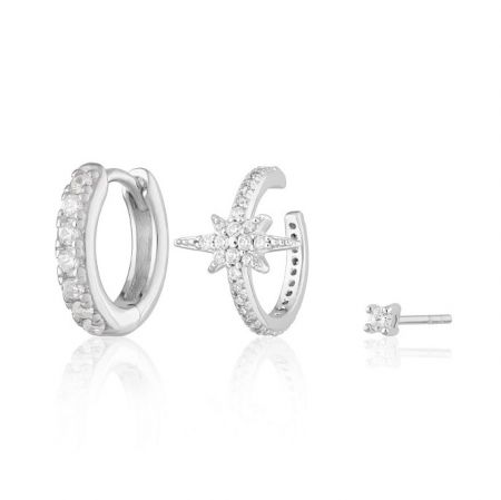 The silver-plated version of the Sunburst Huggie Earrings set with clear stones and earring backs.