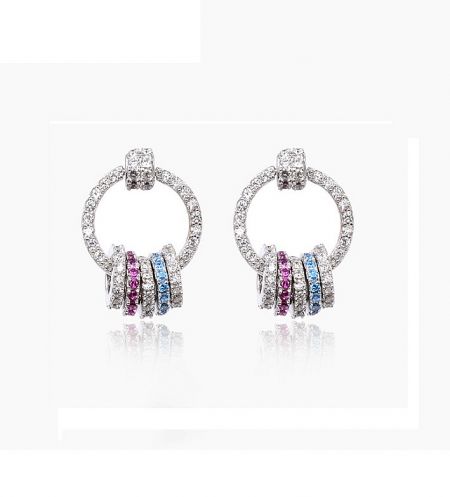 925 Sterling Silver Minimalist Zircon Drop Earrings - Close-up of 925 sterling silver minimalist drop earrings featuring a hoop design with a vibrant cluster of colorful cubic zirconia stones.