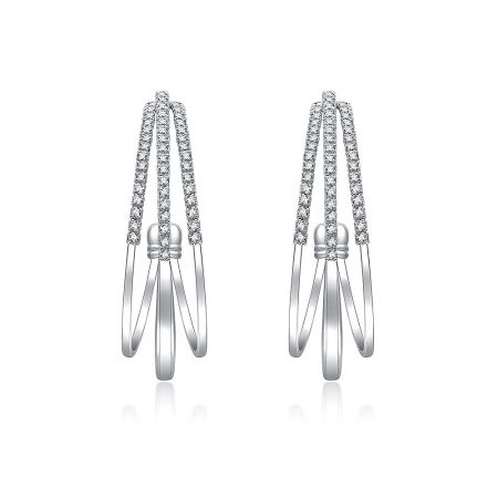Triple Row Semi-Hoop Earrings - A pair of Triple Row Semi-Hoop Earrings made of silver-colored brass with rhodium plating, accented with sparkling cubic zirconia stones.