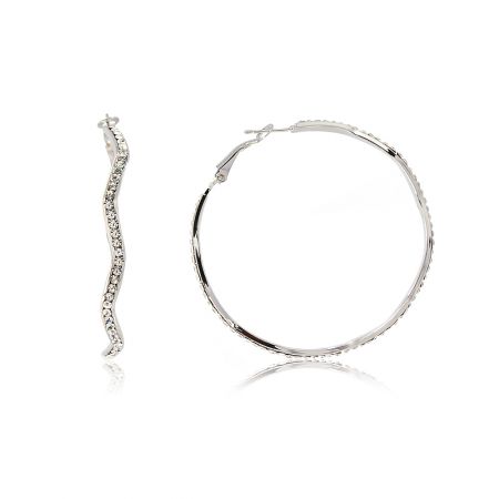 Rhodium Hoop Crystal Earrings - A pair of elegant Rhodium Hoop Crystal Earrings featuring a wavy silver design and sparkling white Czech crystal embellishments.