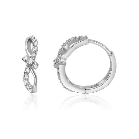 Side view of the Interlock CZ Huggie Earrings showing the infinity symbol design and gemstone setting.