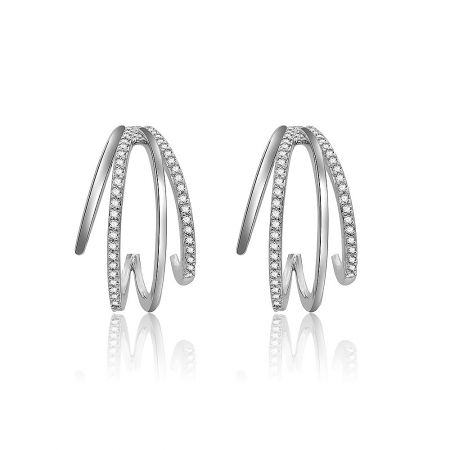 Double Row Semi-Hoop Earrings - A pair of Double Row Semi-Hoop Earrings with sparkling cubic zirconia stones, rhodium-plated brass, style BEQ07-R-Z-00320.