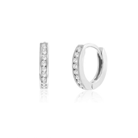 12mm Round Hoops - A pair of 12mm round hoop earrings made of rhodium-plated brass, featuring a sleek design with sparkling white cubic zirconia gemstones.