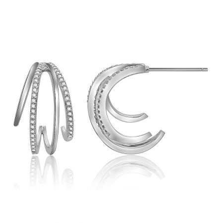Side view of the double row semi-hoop earrings, showcasing their distinctive curved shape and cubic zirconia details.