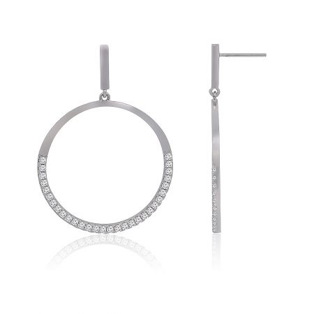 Front and side view of the silver open round drop earrings with cubic zirconia.