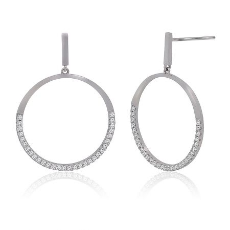 Close-up detail of the cubic zirconia stones on the silver open round drop earrings.