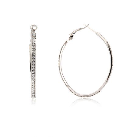 Rhodium Hoop Crystal Oval Earrings - A pair of elegant Rhodium Hoop Crystal Oval Earrings, showcasing the intricate arrangement of sparkling white Czech crystals on a polished silver-tone finish.