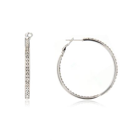 Rhodium Hoop Double Row Crystal Earrings - A pair of rhodium-plated hoop earrings featuring a double row of sparkling white Czech crystals, shown against a clean white background.