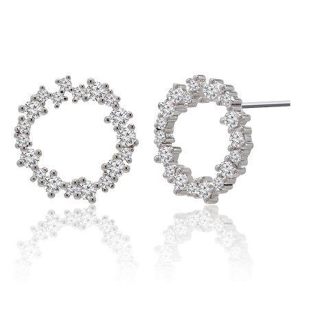 Side view of the Circle Cluster Halo Earrings showing the double row of clear gemstones on the silver hoop design.