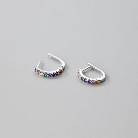 925 Silver Rainbow Rhinestone Geometric Dainty Hoop Huggie Earrings (5 Pairs) - A pair of 925 sterling silver hoop huggie earrings adorned with vibrant, multicolored rainbow rhinestones, shown on a clean white background.