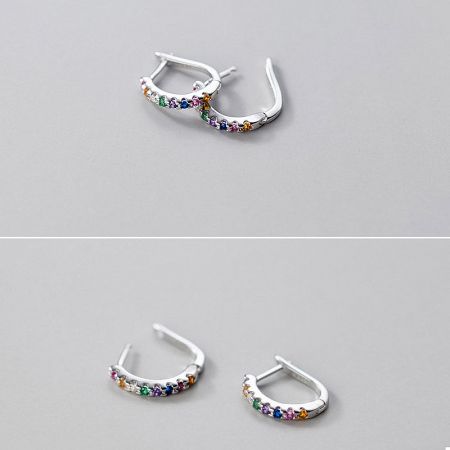Alternative view of the sterling silver rainbow rhinestone huggie earrings.