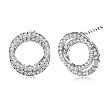 Close-up detail of the Double Circle Pearl CZ Earrings highlighting the double-layered design.