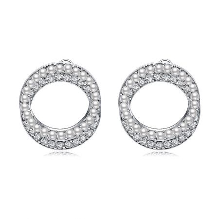 Double Circle Pearl CZ Earrings - Double Circle Pearl CZ Earrings, a pair of silver hoop-style studs with pearl and cubic zirconia embellishments.