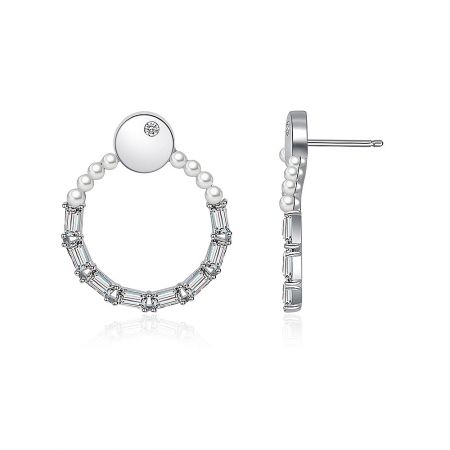 Detailed view of the Polished CZ O Stud Earrings, highlighting the arrangement of pearls and clear stones on the silver hoop.