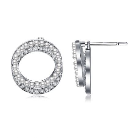 Side view of the Double Circle Pearl CZ Earrings showing the pearl and gemstone details.