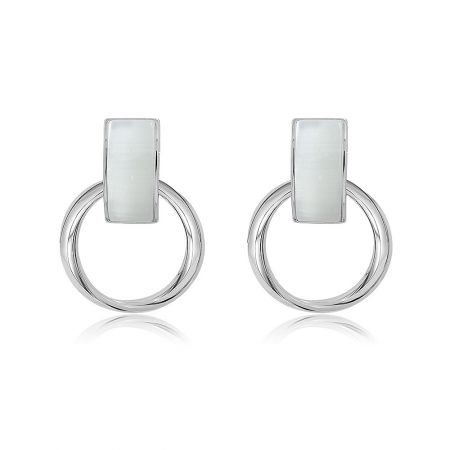 Eye Catching White Cat's Eye Circle Earrings - A pair of Eye Catching White Cat's Eye Circle Earrings, featuring silver hoops with rectangular tops and a white cat's eye stone.