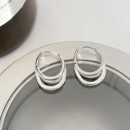 925 Sterling Silver Three-Layer CZ Stone Hoop Earrings (Set of 5 Pairs) - A detailed close-up of 925 sterling silver hoop earrings featuring a unique triple-layered design with sparkling CZ stones, showcasing fine craftsmanship.