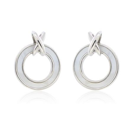 Fashion 15 mm Open Circle Stud Earrings - A pair of Fashion 15 mm Open Circle Stud Earrings in rhodium-plated brass, showcasing the intricate shell surface and modern cut-out design.