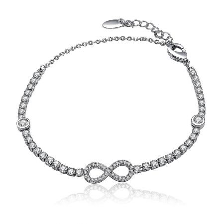 Endless Love Symbol Infinity Charm Tennis Bracelet - Close-up of the Endless Love Infinity Charm Tennis Bracelet, showcasing the sparkling cubic zirconia stones set in a rhodium-plated brass infinity symbol.