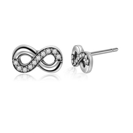 Front and back view of the silver infinity stud earrings, highlighting the post closure and craftsmanship.