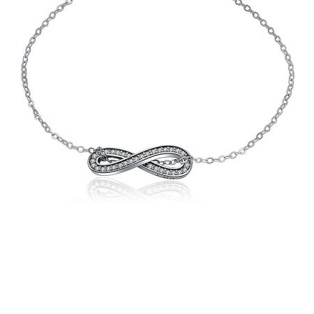 Full view of the sterling silver infinity necklace, a perfect complement to the bracelet.