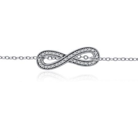 Close-up of the matching sterling silver infinity pendant with pave-set cubic zirconia stones.