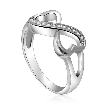 Side view of the Double Heart Split Shank Ring, highlighting the infinity symbol detail on the band.