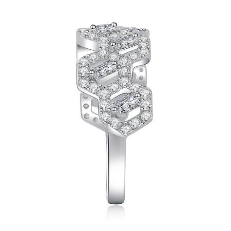 Stylish Zircon Studded Brass Ring - A close-up of the Stylish Zircon Studded Brass Ring, showcasing its intricate interlocking design and sparkling cubic zirconia gems set in rhodium-plated brass.