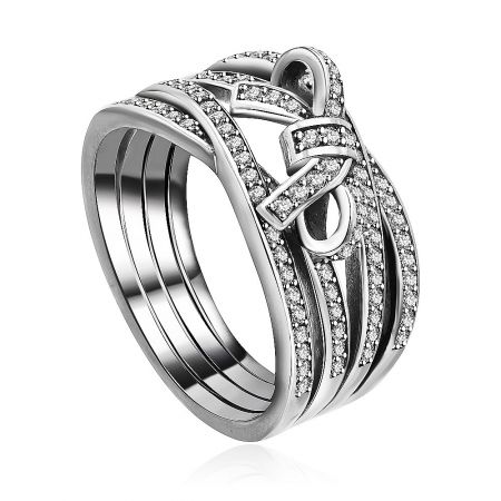 Side profile of the Sterling Silver Blossom Ring, highlighting the intertwined band and cubic zirconia accents.