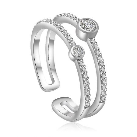 Round Bezel Set Ring with Cubic Zirconia - A close-up of the Round Bezel Set Ring, showcasing its rhodium-plated finish and sparkling cubic zirconia stone in an elegant, intertwined design.