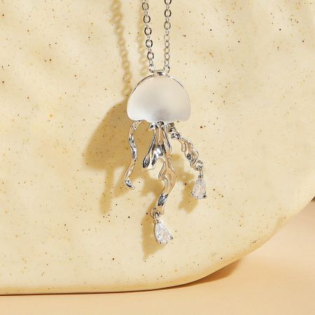 Close-up of the silver jellyfish pendant, emphasizing its polished finish and delicate details.