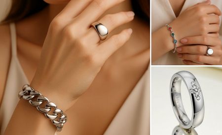 A model wearing a collection of mirror-polished stainless steel jewelry, including rings and bracelets.