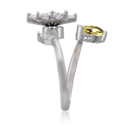Side profile of the Daisy Bee Delight Ring, showing the band and the arrangement of the cubic zirconia stones.