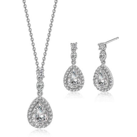 Close-up view of the intricate pave cubic zirconia details on the silver teardrop necklace and earrings set.