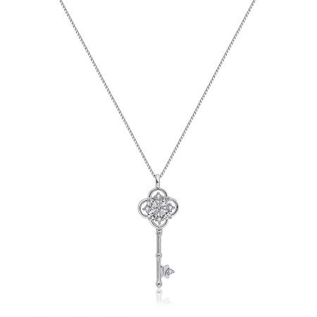 Key Pendant Necklace with Cubic Zirconia - A close-up of the silver key pendant necklace, showcasing the intricate design and sparkling cubic zirconia stones set in rhodium-plated brass.