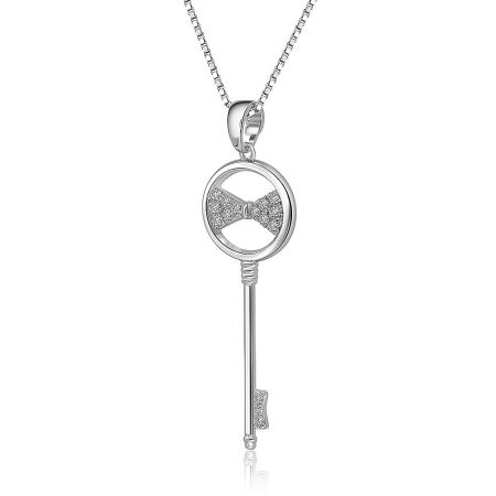 Full view of the key-shaped necklace, showcasing the pendant and chain.