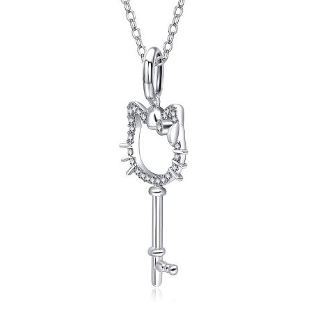 Full view of the silver key pendant necklace against a white background, displaying the chain and clasp.