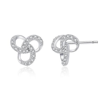 Front and back view of the love knot stud earrings, displaying the post and clutch closure mechanism.