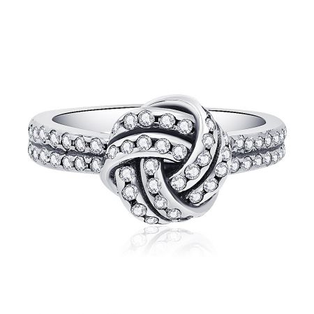 Sparkling S925 Silver Love Knot Ring - Front view of the Sparkling S925 Silver Love Knot Ring, showcasing the intricate knot design embellished with brilliant cubic zirconia on a sterling silver band.