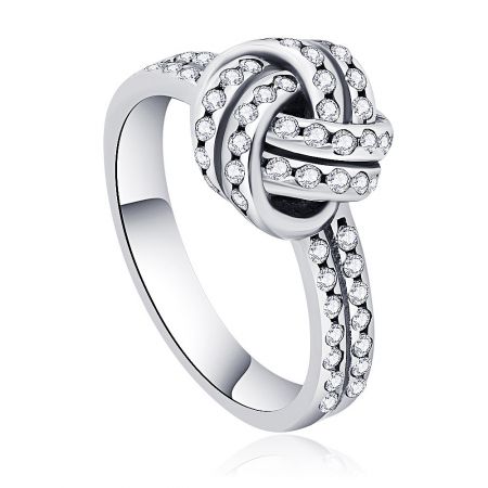 Angled profile of the S925 Silver Love Knot Ring, highlighting the polished band and the dual rows of stones leading to the central knot.