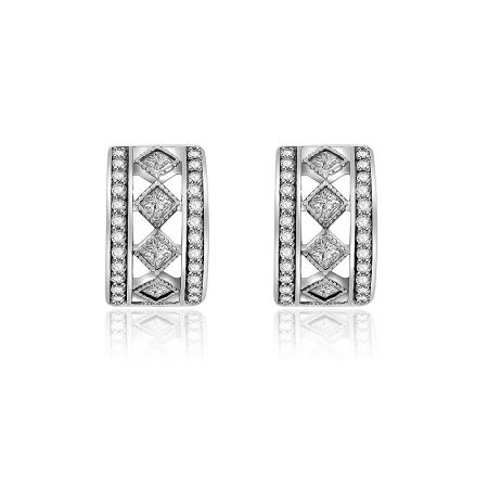 Silver C-Shaped 925 Sterling Silver Stud Earrings - Close-up of a pair of C-shaped stud earrings made from 925 sterling silver, featuring an intricate lattice design and sparkling cubic zirconia stones.