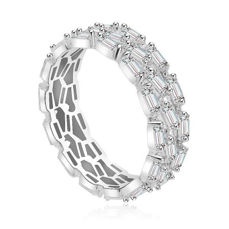 Detailed side view of the Baguette Morganite Band Ring, highlighting the intricate lattice design and sparkling stones.